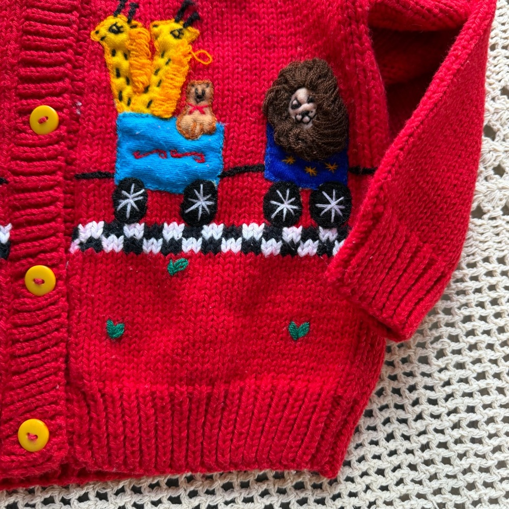 Vintage Toddler Cardigan Sweater Zoo Animal Circus Train Red Size 2 Cotton - Picture 4 of 14
